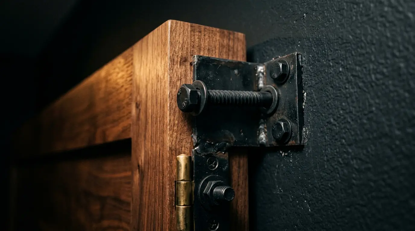 Steel mounting bracket and lag bolts anchoring a walnut Murphy bed cabinet into a dark wall