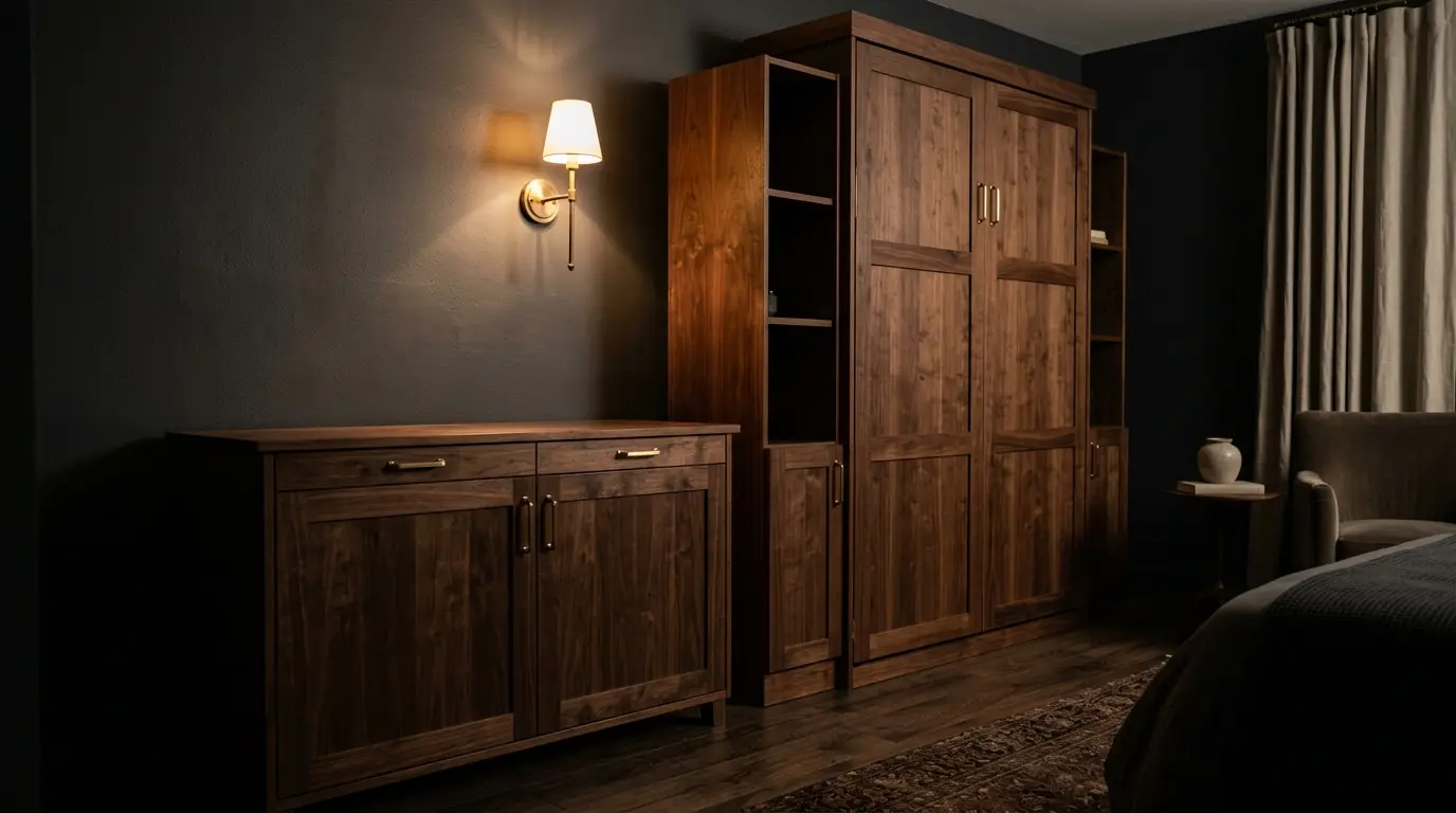Low walnut cabinet bed beside a tall walnut wall-bed unit in a dark guest room