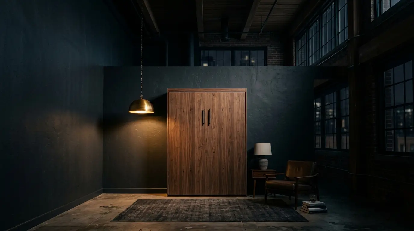 Tall vertical walnut Murphy bed cabinet closed against a dark wall in a high-ceilinged loft