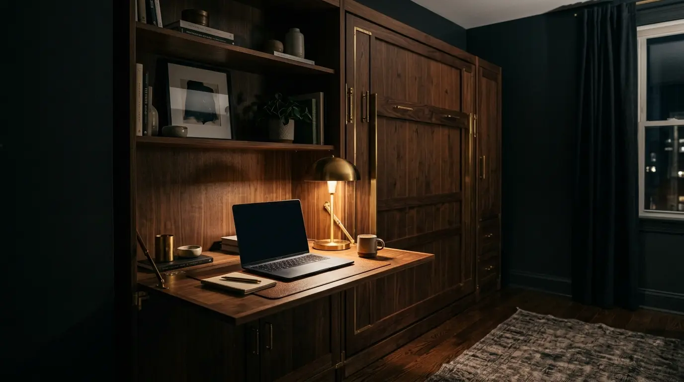 Walnut Murphy wall bed with a fold-down desk in a dark home office lit by a brass lamp
