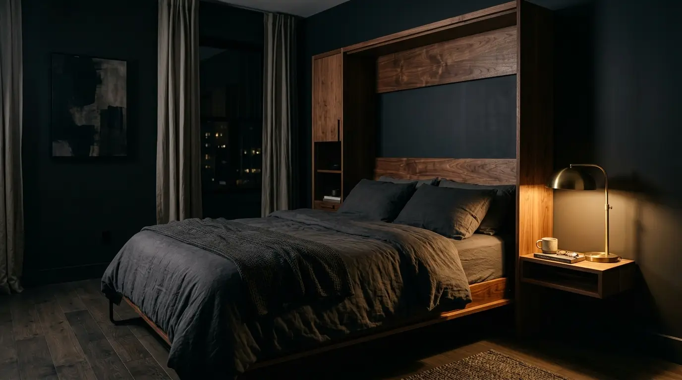 Queen Murphy wall bed folded down in a dark modern bedroom, warm walnut cabinetry lit by a single brass lamp