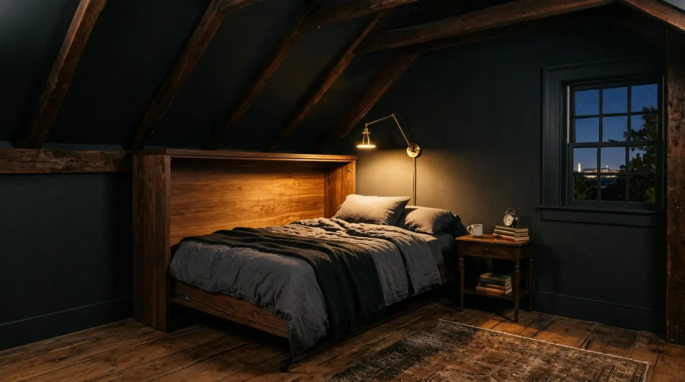 Horizontal side-folding twin Murphy wall bed in an attic room with a low sloped ceiling