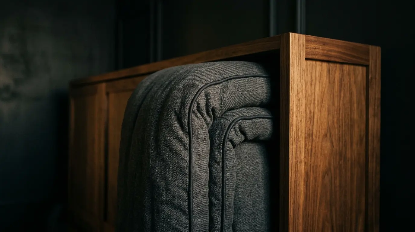 Close-up of a folded mattress edge inside a warm walnut Murphy bed frame showing its thickness in profile