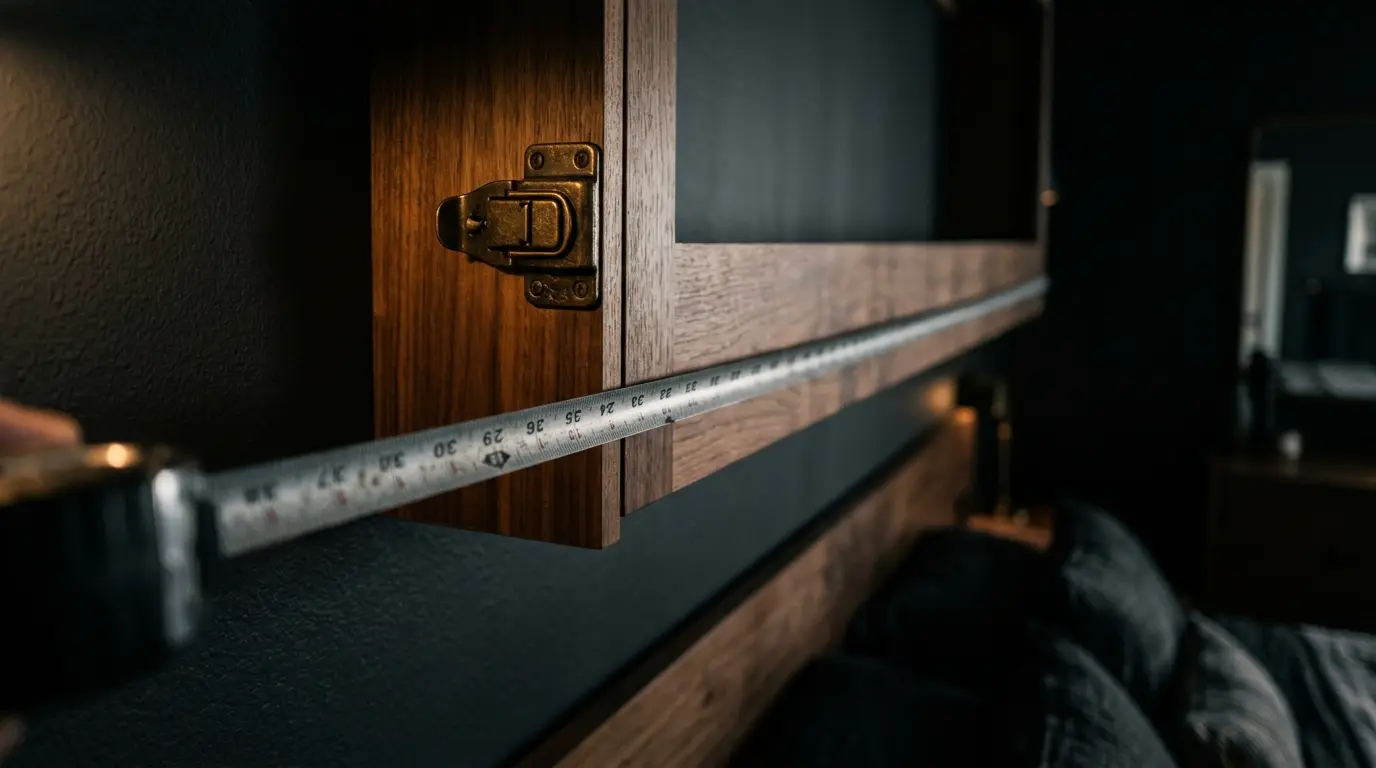 Tape measure held against the edge of a walnut Murphy bed cabinet on a dark wall