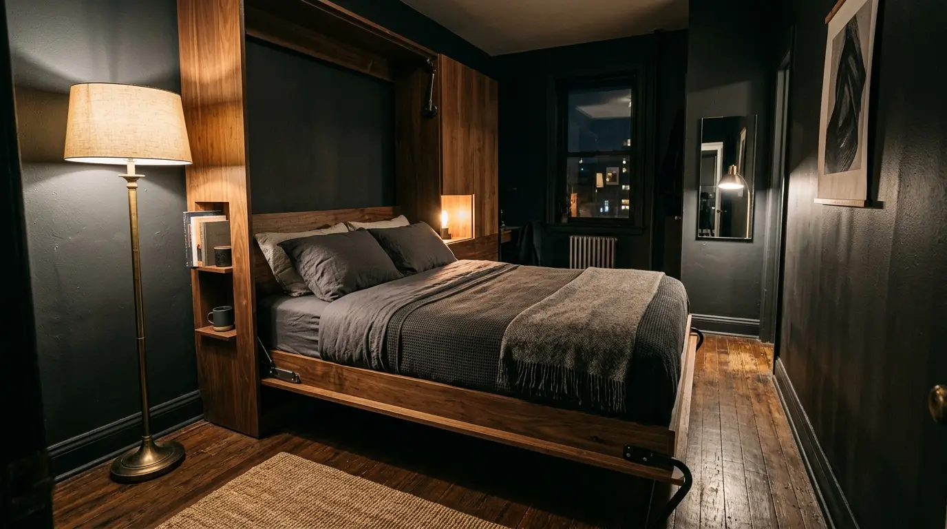 Queen Murphy wall bed folded down in a small dark studio with a narrow walkway beside it