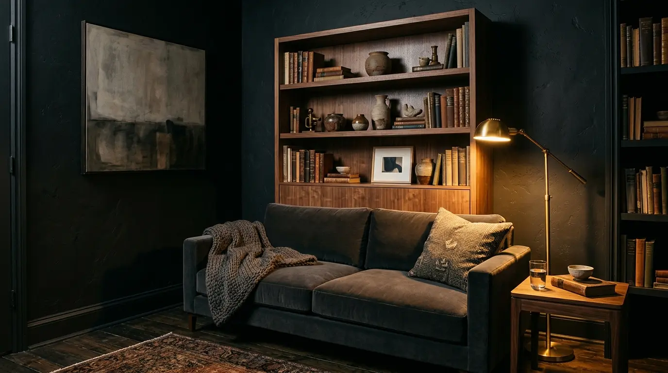 Charcoal velvet sofa in front of a walnut Murphy wall bed unit with display shelves in a dark den