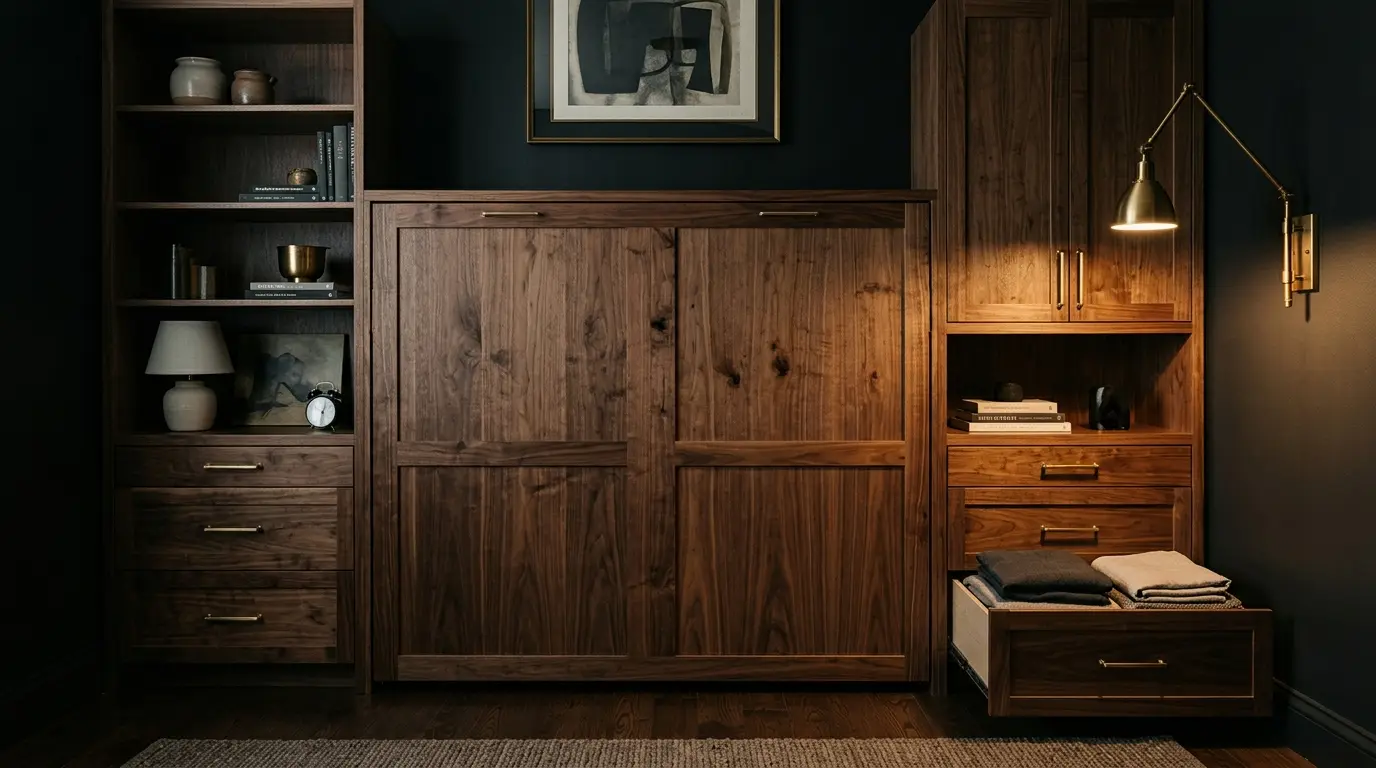Walnut Murphy wall bed flanked by matching storage cabinets and drawers in a dark room