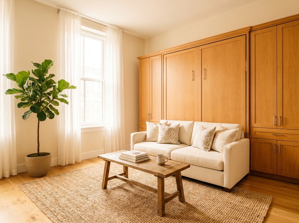 Bright studio apartment with a wall bed and sofa combination