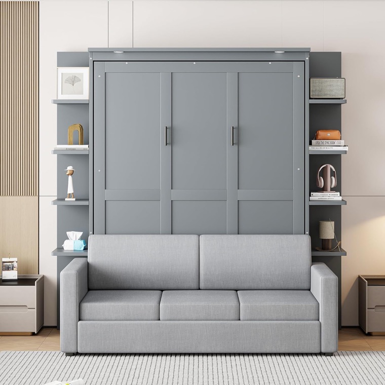 MERITLINE queen Murphy wall bed with a couch in front, shown open and closed