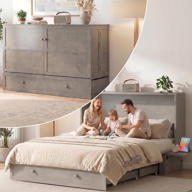 Mjkone queen Murphy cabinet bed shown as a closed chest cabinet and folded open into a bed with a storage drawer