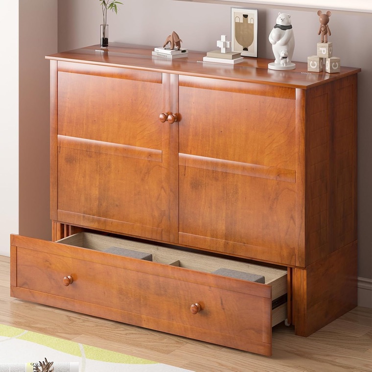 PUREMIND queen Murphy cabinet bed with the included mattress and a storage drawer