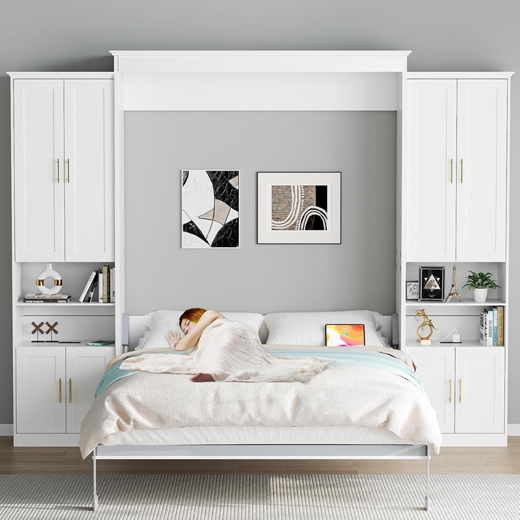 Rophefx full Murphy wall bed flanked by matching side storage cabinets